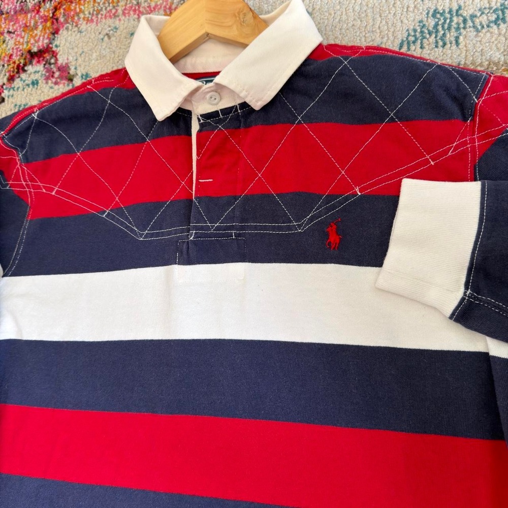 Vintage Polo Ralph Lauren Striped Quilted Yoke Rugby Shirt Red Navy White Mens L